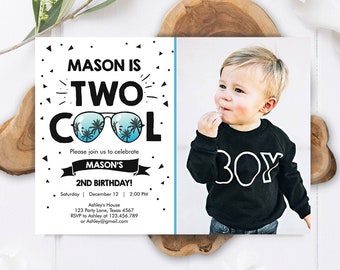 Bewerkbare twee coole verjaardagsuitnodiging jongen tweede verjaardagsfeestje 2e I'm this Many I'm Two coole zonnebril Palm afdrukbare Corjl-sjabloon 0136