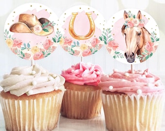 Hästmuffinsdekorationer, julgranskulor, flicka, sadeluppsatt, ponny, födelsedagsfestdekoration, cowgirl, blommig, häst, rosa, digital nedladdning, utskrivbar 0398