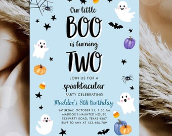 Editable Halloween 2nd Birthday Invitation Boy Ghost Costume Party Blue Boo Spooktacular Spooky Two Digital Download Template Printable 0418