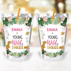 Editable Dinosaur Juice Pouch Label Juice Favors Gold Dino Girl Birthday T-Rex Young Wild Three Digital Download Template Printable 0146