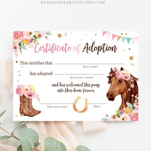 Adopt a Pony Adoption Zertifikat Pferd Adoption Pferd Geburtstagsparty Pony Geburtstagskind Reiten Download Digital PRINTABLE 0408