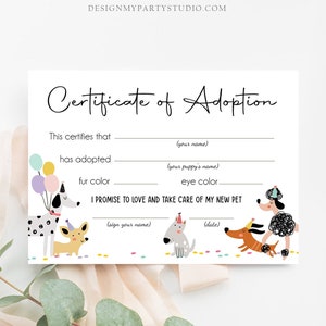 Pet Adoption Certificate Puppy Adoption Dog Birthday Party Adopt A Pet Girl Pink Vet Puppy Adoption Instant Download Digital PRINTABLE 0429