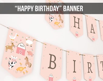 Farm Animals Happy Birthday Banner Pink Farm Birthday Banner Party Animals Girl Barnyard Birthday Decor Digital Download Printable 0436