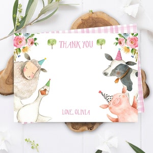 Carte de remerciement modifiable animaux de la ferme Vichy rose ferme anniversaire fille carte de remerciement basse-cour modèle d'anniversaire Téléchargement instantané numérique 0155