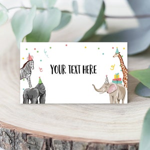 Editable Party Animals Food Labels Zebra Gorilla Giraffe Elephant Birthday Place Card Tent Card Shower Neutral Printable Template 0142