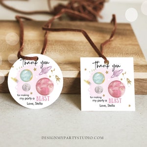 Editable Outer Space Favor Tags Space Birthday Thank you Sticker Galaxy Gift tags Trip Around the Sun Planets Template Corjl PRINTABLE 0357