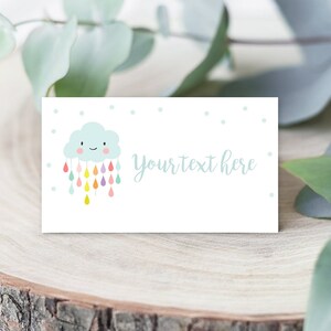 Editable Cloud Food Labels Raindrops Place Card Rain Drops Baby shower Tent Card Escort Card Baby Sprinkle Rainbow Printable Corjl 0036 image 1