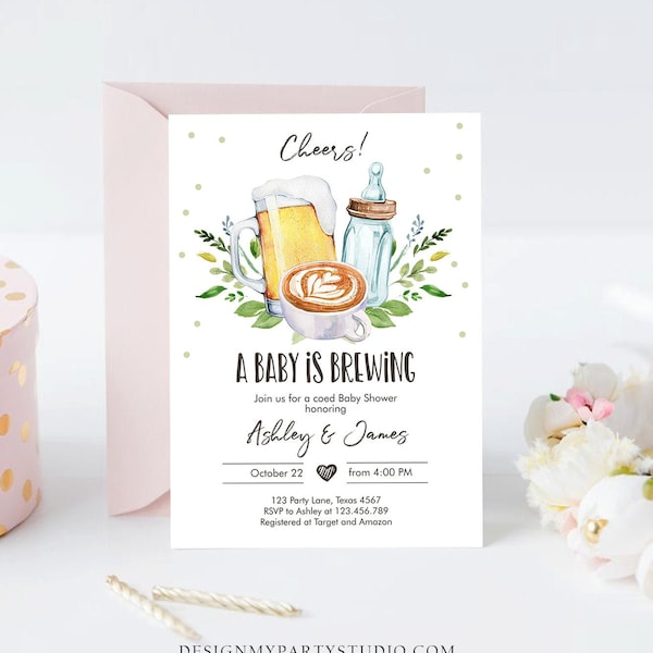 Editable A Baby is Brewing Invitation Bottle and Beers Baby Shower Cheers Coed Couples Coffee Tea Download Printable Template Corjl  0190