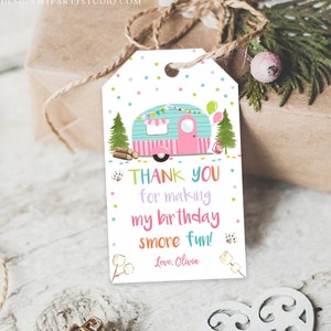 Editable S&#39;more Fun favor Tags Thank you Happy Camper Birthday Party Favor Tags Smore Fun Camping Girl Pink Purple Template PRINTABLE 0342