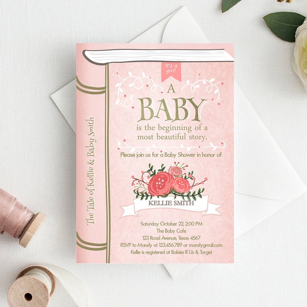 Editable Vintage Storybook Baby Shower Invitation Pink and Gold Once Upon a Time Girl Invitation Book Template Instant Corjl Download 0023