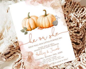 Invitación editable para revelar el género del niño o niña con temática de calabaza (Niño o Niña, Otoño, Halloween, Plantilla imprimible 0489)