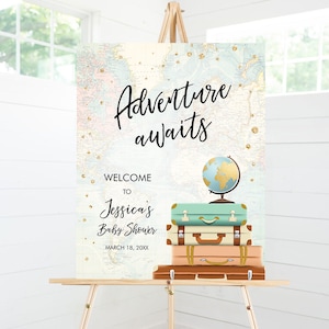 Cartello di benvenuto modificabile Adventure Awaits Baby Shower Viaggio in giro per il mondo Avventura di viaggio Bridal Shower Floral Blue Corjl Template 0263