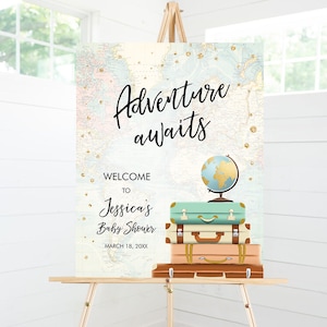 Editable Adventure Awaits Welcome Sign Baby Shower Traveling Around the World Travel Adventure Bridal Shower Floral Blue Corjl Template 0263 image 1