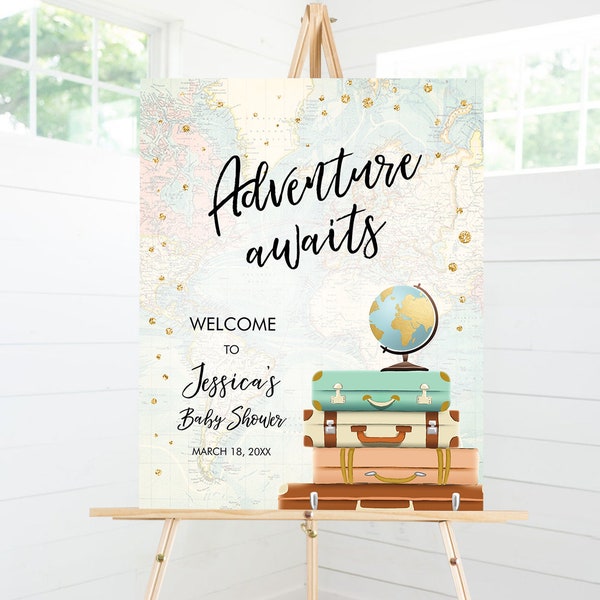 Editable Adventure Awaits Welcome Sign Baby Shower Traveling Around the World Travel Adventure Bridal Shower Floral Blue Corjl Template 0263