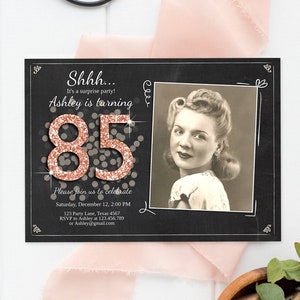 Editable ANY AGE Surprise Birthday Invitation Adult 85th Party Rustic Chalk Rose Gold Glitter Photo Download Printable Corjl Template 0103