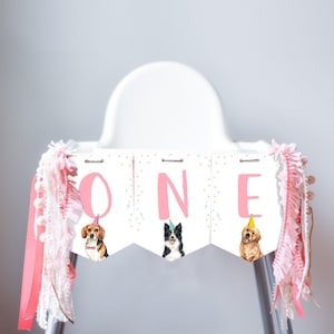 Puppy 1st Birthday High Chair Banner Dog Birthday Party Puppy Birthday Girl Pink ONE Banner Puppy Party Decor Dog PRINTABLE Digital 0384