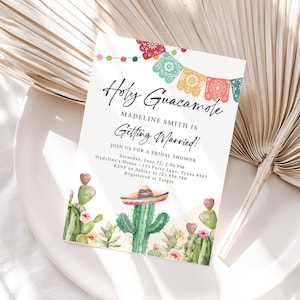 Editable Holy Guacamole Bridal Shower Invitation Couples Fiesta Mexican Watercolor Cactus Succulent Desert Template Corjl Printable 0404