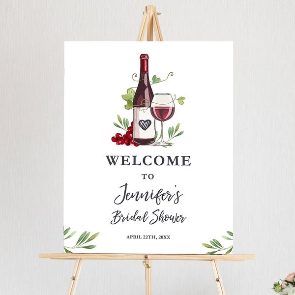 Signe de bienvenue de vin modifiable Douche de couple, bienvenue à l'amour, Brunch pétillant, bouteille de raisins, modèle Corjl floral blanc rouge, imprimable 0234
