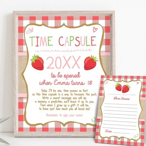 Editable Strawberry Time Capsule Berry Sweet First Birthday Party Strawberry Decorations Party Girl Pink Digital Template Printable 0091
