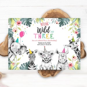 Editable Young Wild and Three Invitation Girl Pink Safari Animals Zoo Wild Birthday Instant Download Printable Template Digital Corjl 0322