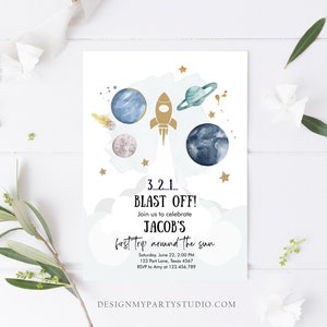 Editable Outer Space First Birthday Invitation Galaxy Blast Off First Trip Around the Sun Download Printable Template Digital Corjl 0357