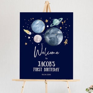 Editable Outer Space Birthday Welcome Sign 1st Birthday Boy Galaxy Planets Trip Around the Sun Astronaut Template PRINTABLE Corjl 0357