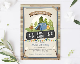 Editable Glamping Party Invitation Camp Out Birthday Invite Bonfire Outdoor Camping Tent Boy Blue Download Printable Template Corjl 0302