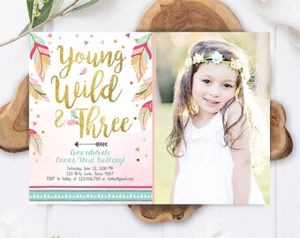 Custom Printable Girls Birthday Any Age Boho Floral Feathers Pink Gold Confetti Custom Printable Girls Birthday Any Age Boho Floral Feathers Pink Gold Confetti