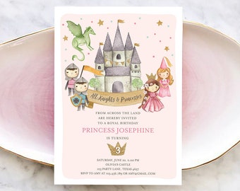 Invitación de cumpleaños editable de princesa y caballero Érase una vez Princesa Real Cumpleaños Niña Castillo Rosa Plantilla Corjl Imprimible 0171