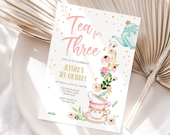 Editable Tea for Three Birthday Invitation Girl Tea Party Invite Pink Gold Floral 3rd Third Birthday Par-tea Corjl Template Printable 0349