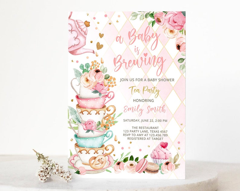 Editable Tea Party Baby Shower Invitation Tea Shower Sprinkle Floral Pink Gold Blush Brunch Bubbly Download Corjl Template
