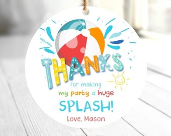 Editable Pool Party Thank You Tags Splish Splash Birthday Bash Boy Red Favor Tag Label Round Square Sticker Corjl Template Printable 0169