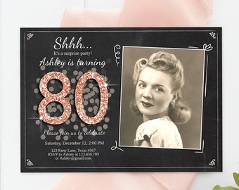 Editable ANY AGE Surprise Birthday Invitation Adult 80th Party Rustic Chalk Rose Gold Glitter Photo Download Corjl Template Printable 0103