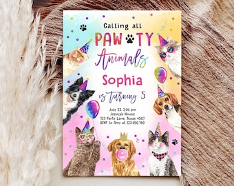 May include: A colorful invitation for a Pawty Animals themed birthday party for Sophia turning 5. The invitation features a watercolor illustration of various animals wearing party hats and sunglasses. The text on the invitation reads "Calling all Pawty Animals Sophia is turning 5" and includes the date, time, location, and RSVP information.