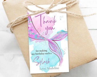 Editable Mermaid Birthday Favor Tags Under The Sea Thank You Mermaid Party Girl Pink Purple Silver Download Template Corjl PRINTABLE 0403