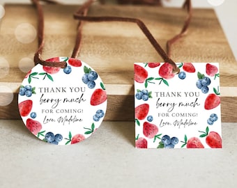 Editable Strawberry Blueberry Favor Tags Berry First Birthday Thank you Stickers Label Berry Farmers Market Template PRINTABLE Corjl 0399
