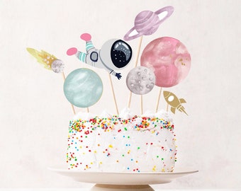 Topo de bolo espacial para impressão, centro de mesa espacial, festa de aniversário espacial, decoração de mesa, menina, astronauta, planetas, aquarela, digital 0357 0366