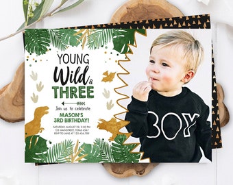 Editable Young Wild and Three Birthday Invitation Dinosaur Dino Party Boy 3rd Third Birthday Green Gold Black Corjl Template Printable 0146