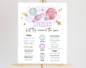 Editable Outer Space Birthday Milestones Sign First Trip Around the Sun Girl Birthday Purple Galaxy Planets Template Printable Corjl 0357
