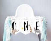 High Chair ONE Birthday Banner Party Animals Safari Animals Wild One First Birthday 1st Decorations Boy Girl Zoo Download Printable 0142