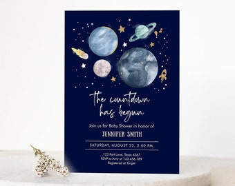 Editable Space Baby Shower Invitation Galaxy Outer Space It's a Boy Blue Planets Moon Countdown Invite Template Instant Download Corjl 0357