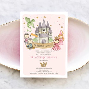 Modèle modifiable d'invitation d'anniversaire princesse et chevalier il était une fois princesse royale d'anniversaire fille château rose Corjl imprimable 0171
