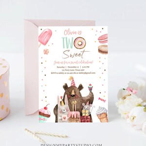 Editable Two Sweet Birthday Invitation Second Birthday Party Girl Donut Ice Cream Animals Digital Download Printable Template Corjl 0373