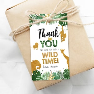 Editable Safari Animals Favor Tags Wild One Thank You Tags Wild Time Label Tags Jungle Boy Gold Green Gift Tags Zoo Corjl Template 0016