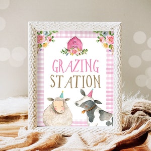 Grazing Station Food Party Sign Farm Birthday Sign Table Decor Barnyard Birthday Farm Animals Pink Girl Snacks Farm Party Printable 0155