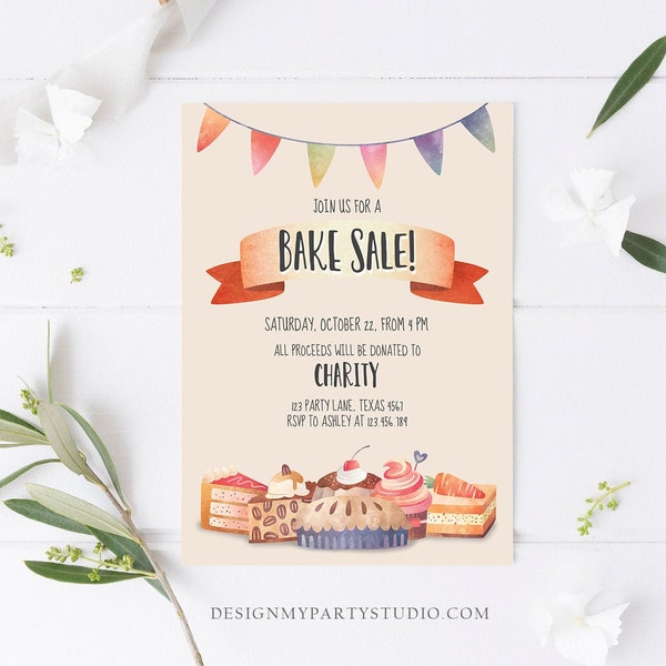 Editable Bake Sale Party Festival Invitation Fundraiser School Church Flyer Kitchen Cake Cookie Download Corjl Template Printable 0258