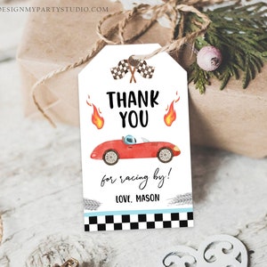 Editable Racing Favor Tags Race Car Birthday Thank you Label Growing Up Two Fast Gift tags Red Race Cars 2nd Template Corjl PRINTABLE 0424