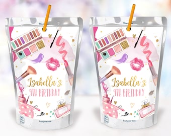 Editable Spa Party Juice Pouch Label Juice Favors Glam Party Glamour Birthday Pamper Party Pink Digital Download Template Printable 0420