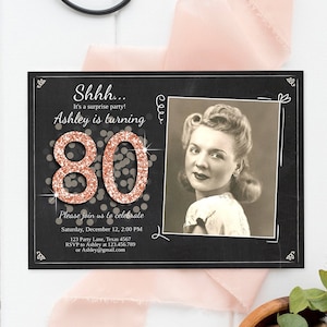 Editable ANY AGE Surprise Birthday Invitation Adult 80th Party Rustic Chalk Rose Gold Glitter Photo Download Printable Corjl Template 0103