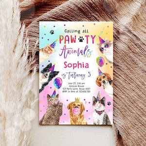 Invito di compleanno modificabile per gatti e cani Invito per festa di compleanno Pawty Invito per festa di compleanno per gattini e cuccioli Modello stampabile da scaricare Corjl 0460